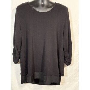 Grace‎ Elements Black Pullover Knit Sweater Size XXL Gathered Sleeves Sheer Hem